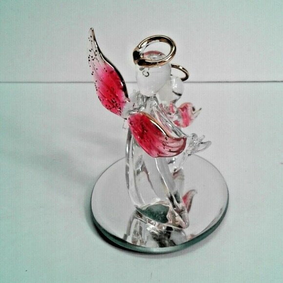 Hand Blown Glass Mother Child Angels Bird Mirror Base 22kt Gold Trim - Picture 5 of 7